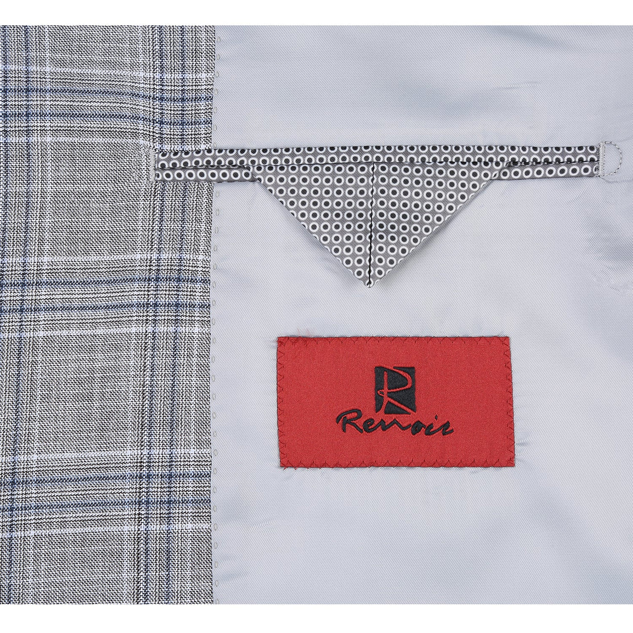 The Alessandro Vitello by Renoir Classic Fit Checked Suit Gray 293-23 is stylishly displayed on a mannequin, paired with a blue tie and white shirt.