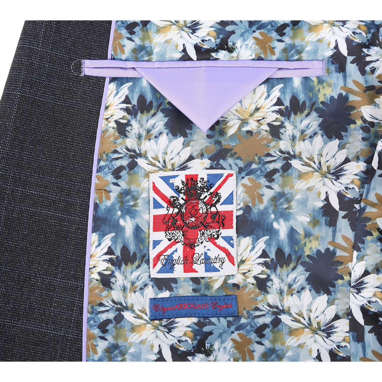 The English Laundry Navy Gray Check Suit 22-68-410EL features a modern slim fit jacket with notch lapel, crisp white shirt, and blue patterned tie—an ideal look for any occasion. Displayed on a mannequin against a white background.