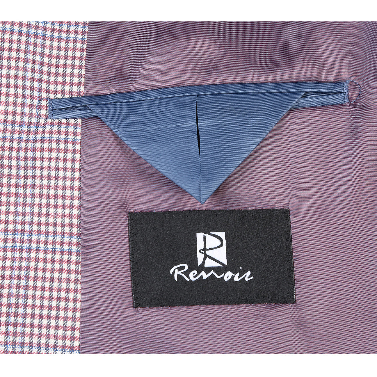 A mannequin displays the Alessandro Vitello by Renoir Slim Fit Wool Blazer in pink, crafted from 100% wool. It's styled with a white shirt, patterned black tie, and highlighted by a teal pocket square.