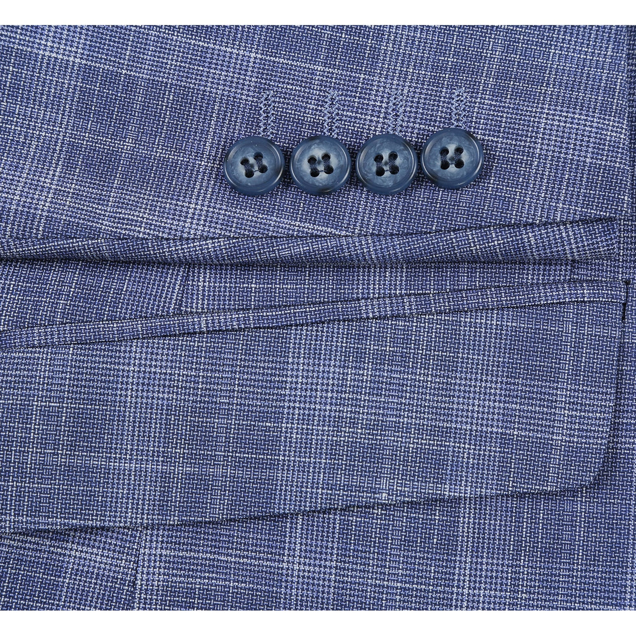 The Alessandro Vitello by Renoir Slim Fit Checked Suit Blue 293-24, featuring a blue plaid notch lapel jacket paired with a white dress shirt and an orange patterned tie, is elegantly displayed on a mannequin. Its polyester rayon blend ensures both comfort and style.