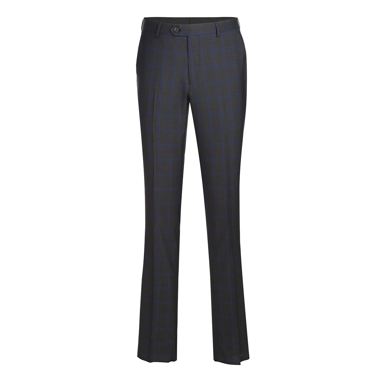 The Alessandro Vitello by Renoir New Slim Fit Wool Dark Gray Suit 566-8 pairs a single-breasted plaid jacket with a white shirt and blue striped tie, displayed on a headless mannequin against a plain background.