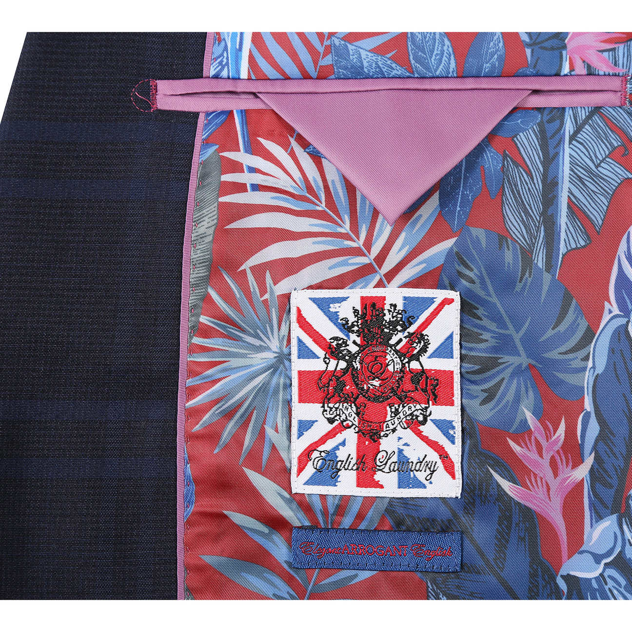 The ENGLISH LAUNDRY Navy Check Suit 22-20-410EL by English Laundry features a slim fit jacket with notched lapels, two-button closure, white dress shirt, and blue patterned tie—perfect for any formal occasion.