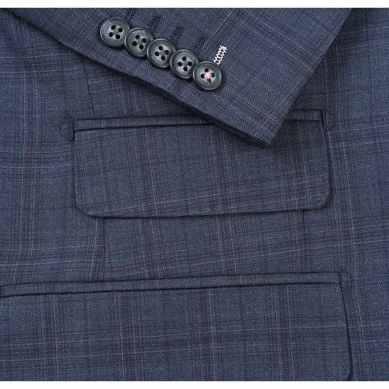 A mannequin is dressed in the English Laundry Gray Wool Suit EL82-66-095, a dark plaid wool suit jacket by English Laundry with a two-button closure, paired with a white dress shirt and a patterned orange tie.