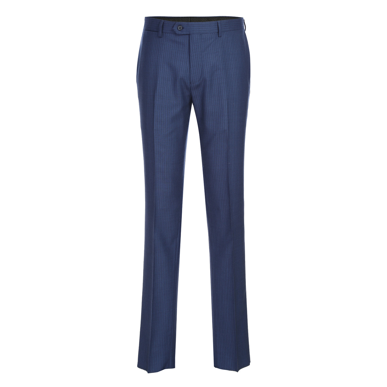 The English Laundry ENGLISH LAUNDRY 2pc Wool Suit Navy EL22-33-411 is a slim fit men's two-button jacket with blue pinstripes, side pockets, and a patterned inner lining, shown on a white background.