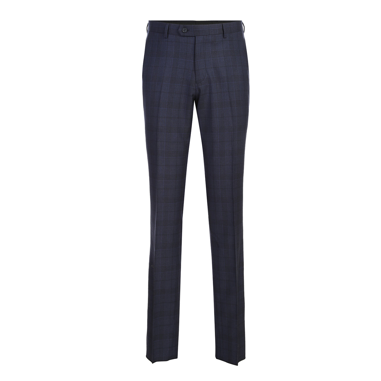 Showcase of Renoir’s Alessandro Vitello New Slim Fit Suit 568-3 in dark blue patterns, with peak lapel jackets, matching flat front pants, fabric/button close-ups, and side vents.