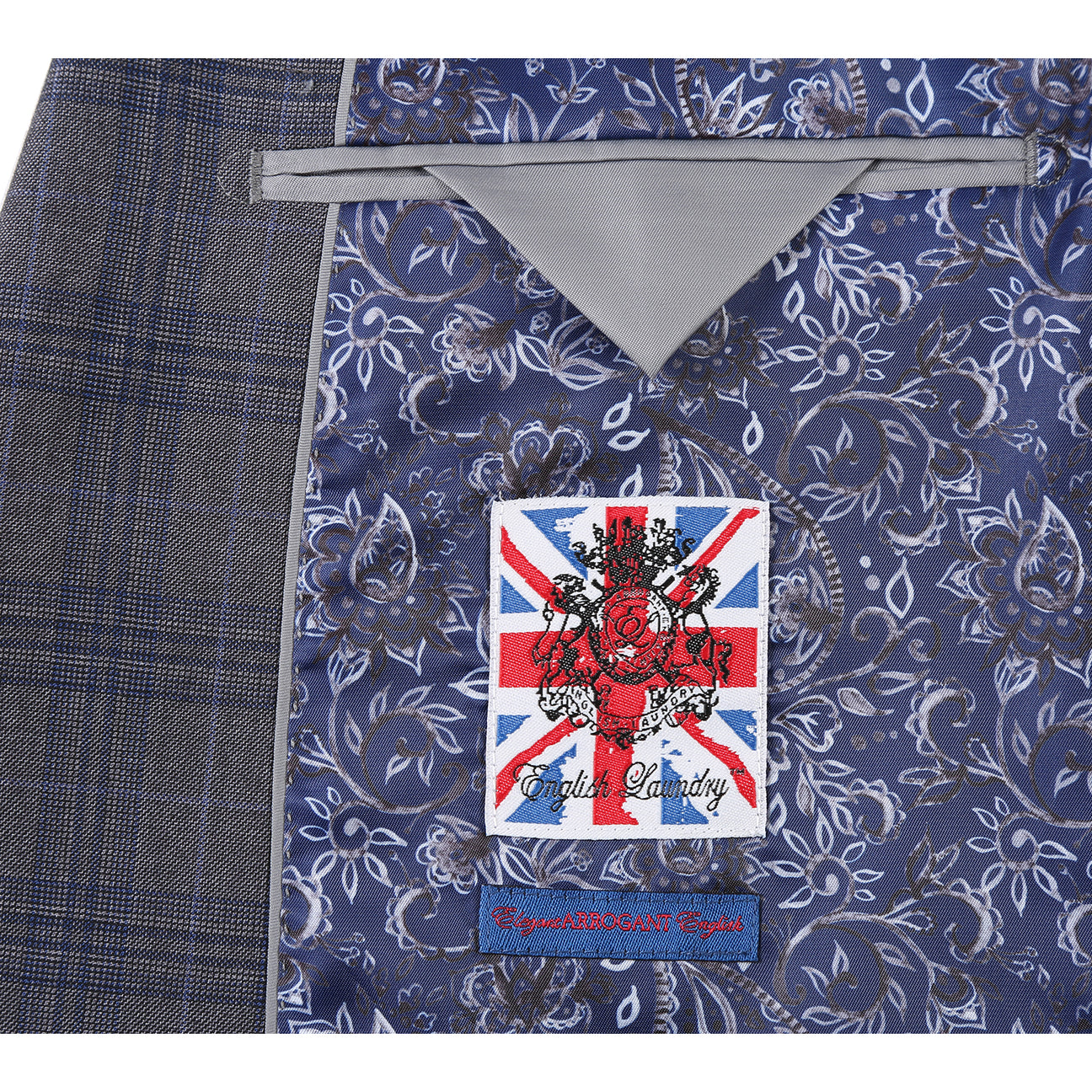 The ENGLISH LAUNDRY Gray Check Suit 22-57-500EL by English Laundry, a slim fit plaid jacket with a single black button, is shown over a white shirt and black tie on a headless mannequin against a white background.