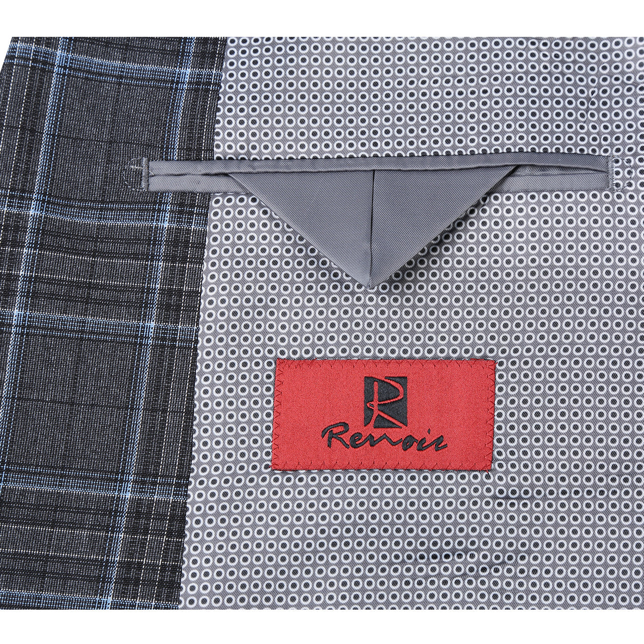 The Alessandro Vitello by Renoir Gray 2-Piece Slim Fit Checked Suit, featuring a single-breasted two-button front, is displayed on a mannequin paired with a white dress shirt and maroon polka dot tie.