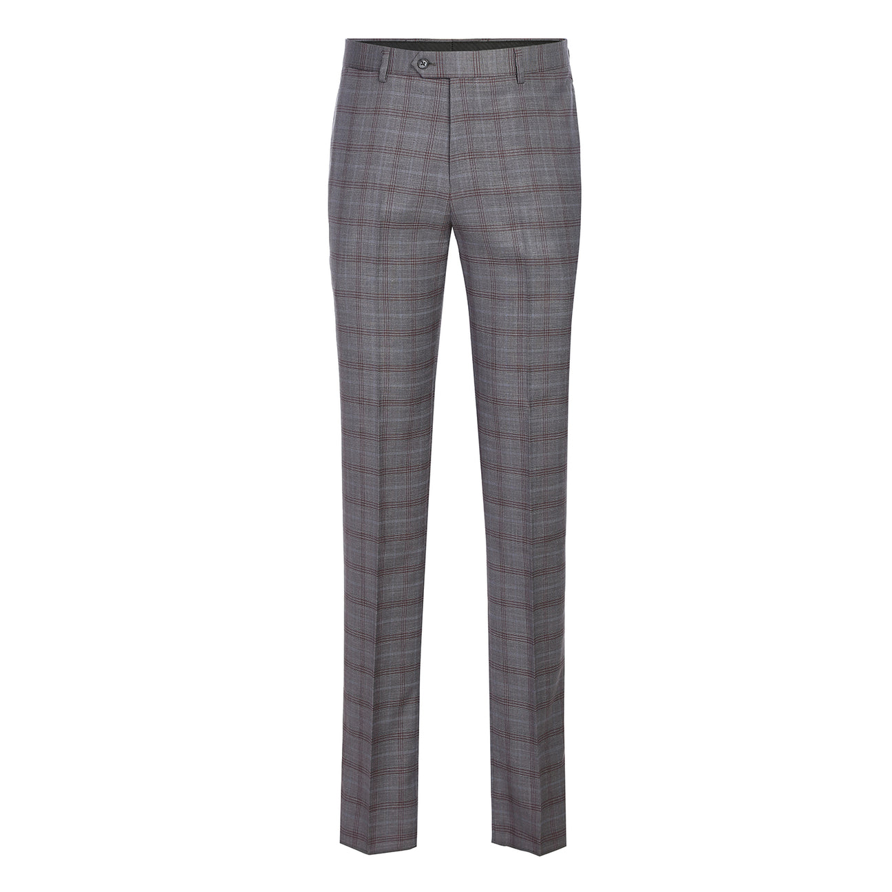 A man models the ENGLISH LAUNDRY 2pc Suit by English Laundry, featuring a gray plaid design with patterned inner lining. Close-ups highlight the fabric, buttons, and lining. Text notes its comfy polyester-rayon blend for style and ease.