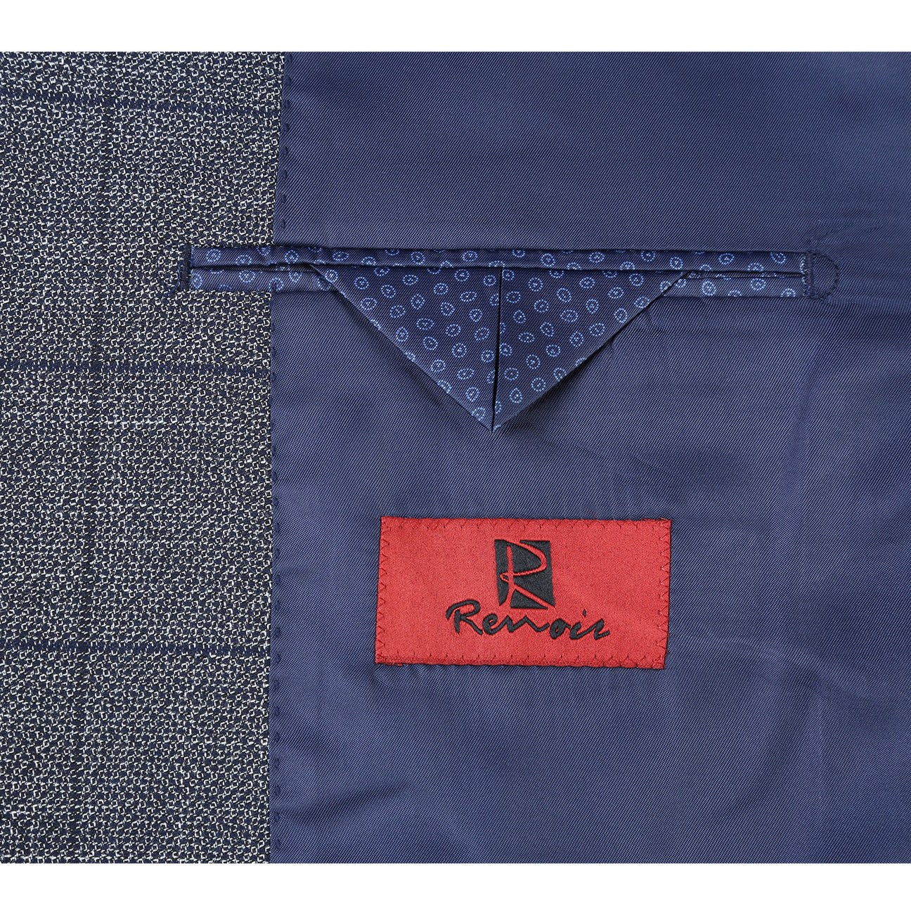 The Alessandro Vitello by Renoir Slim Fit Blazer Gray 294-20 is displayed on a mannequin with a stylish notch lapel, paired with a white shirt and purple patterned tie.