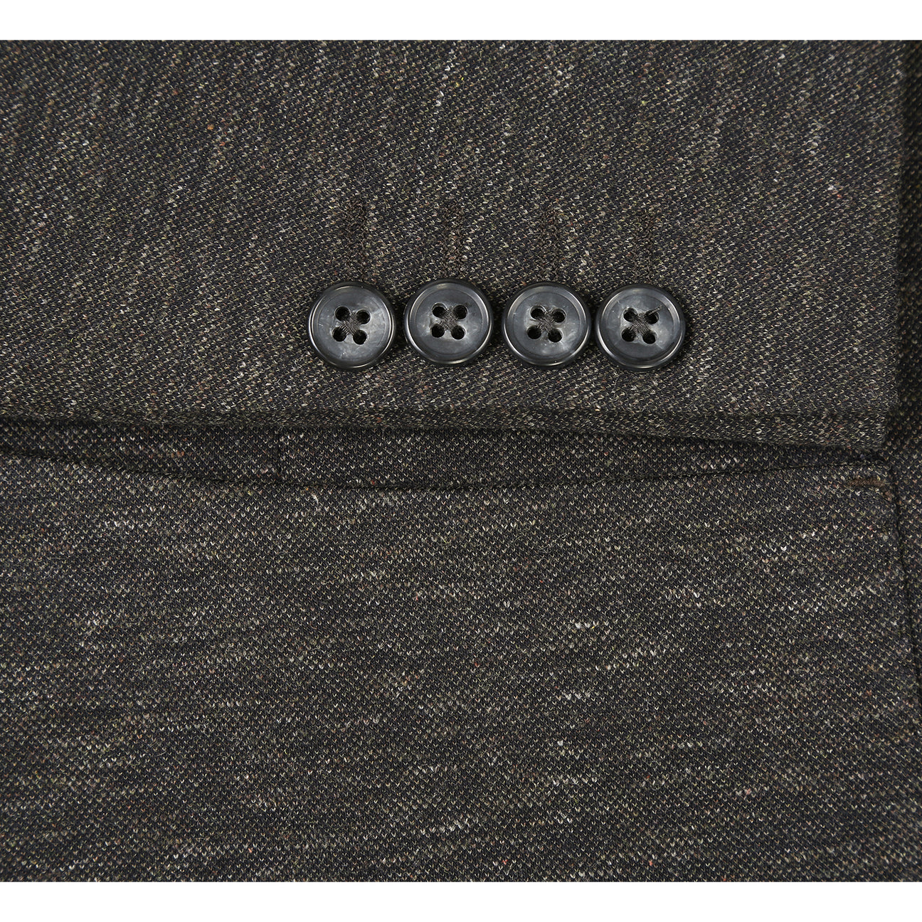 Displayed on a mannequin, the Pellagio Dark Brown Men's Half Canvas Blazer PF24-3 features a classic notched lapel and is paired with a striped tie, white shirt, and patterned pocket square.