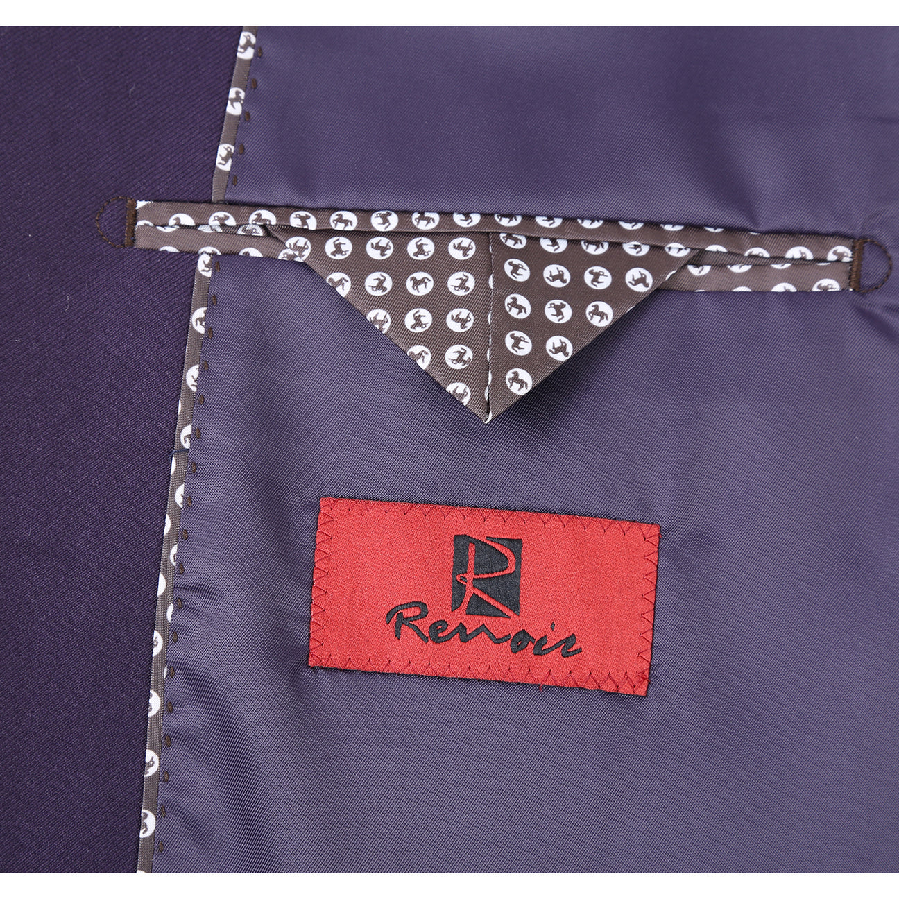 The Alessandro Vitello by Renoir 2-piece purple slim fit suit (201-14) features a single-breasted notch lapel, shown on a mannequin with a white shirt and striped tie.