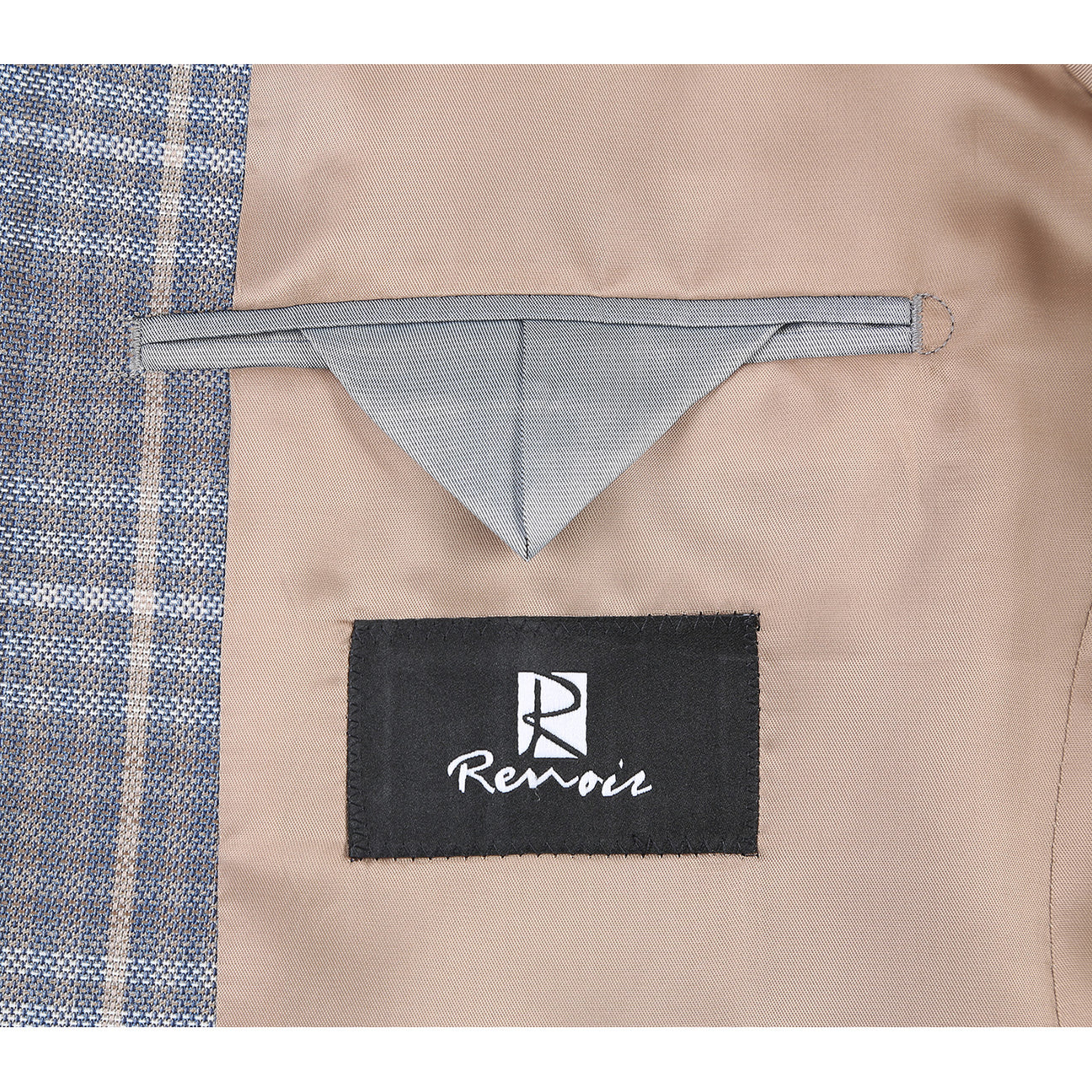 The Alessandro Vitello by Renoir New Slim Fit Sport Coat 565-3, a gray plaid wool-blend design with a notch lapel and side vents, is paired with a white dress shirt, brown patterned tie, and an orange pocket square.