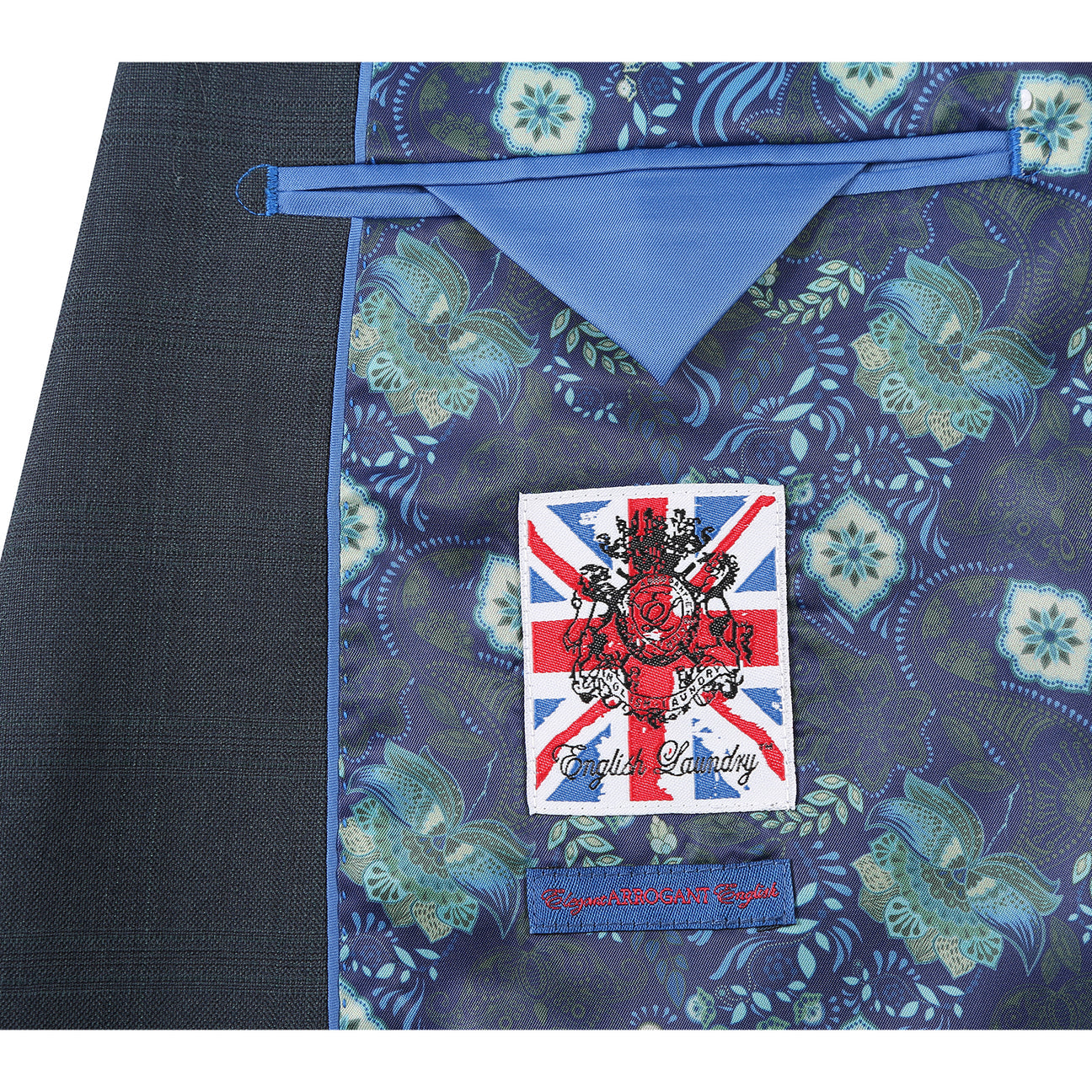 The English Laundry ENGLISH LAUNDRY Dark Green Check Suit 22-52-341EL features a men's suit jacket in dark green check with notch lapels and a two-button closure, styled over a white dress shirt and black striped tie on a mannequin.