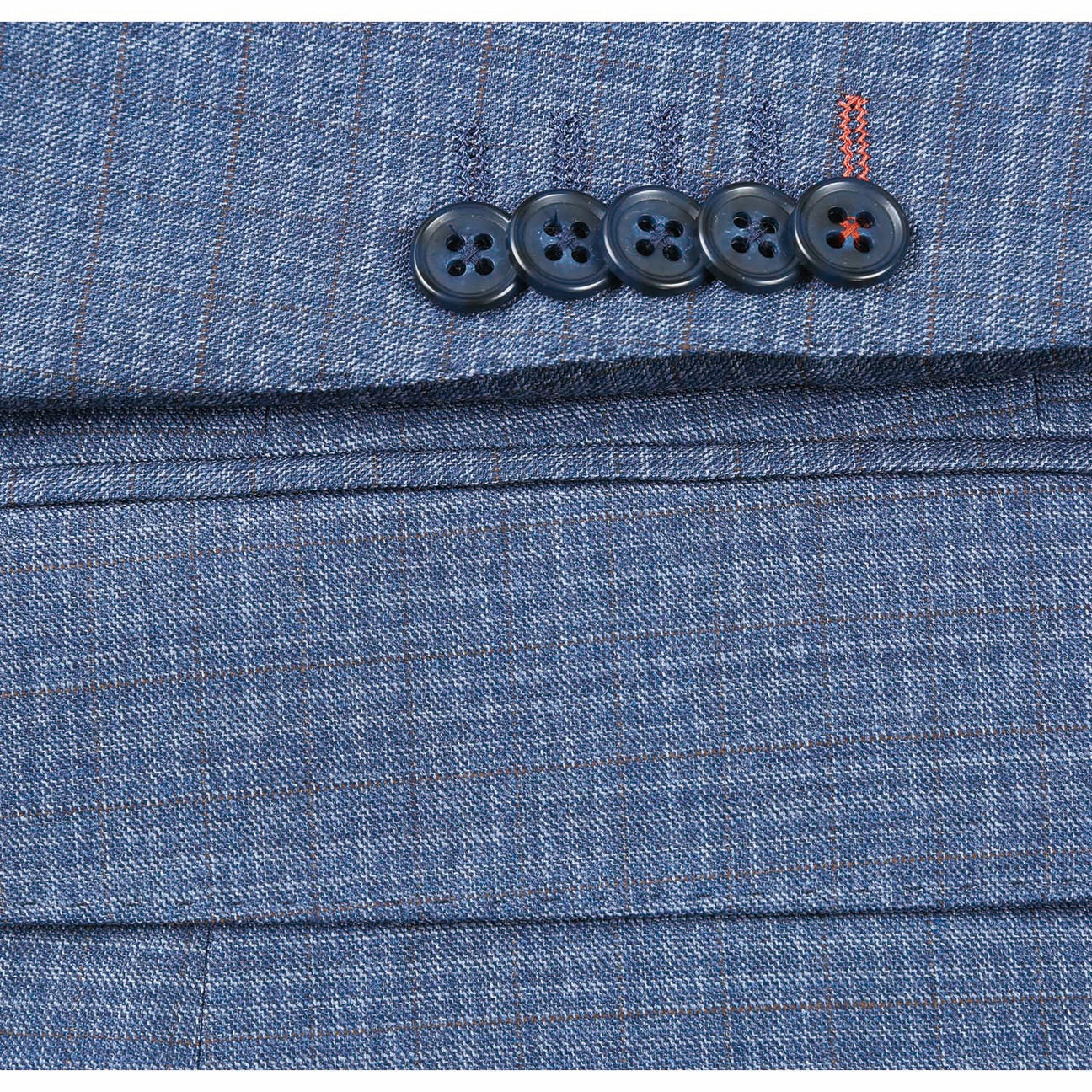 The ENGLISH LAUNDRY Pale Blue Wool Suit EL82-60-402, featuring a slim fit with a subtle check pattern and stylish notch lapels, pairs perfectly with a crisp white dress shirt and an orange patterned tie, elegantly displayed on a mannequin.