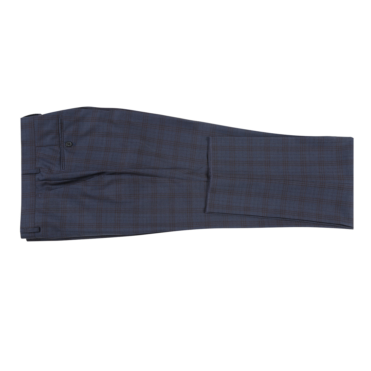 The Alessandro Vitello by Renoir 2-Piece Classic Fit Wool Suit, made from 100% Wool Super 140's, features a dark plaid pattern with a notch lapel and single button closure. It's paired with a white dress shirt and brown patterned tie on a mannequin displaying its 2B side-vented design.