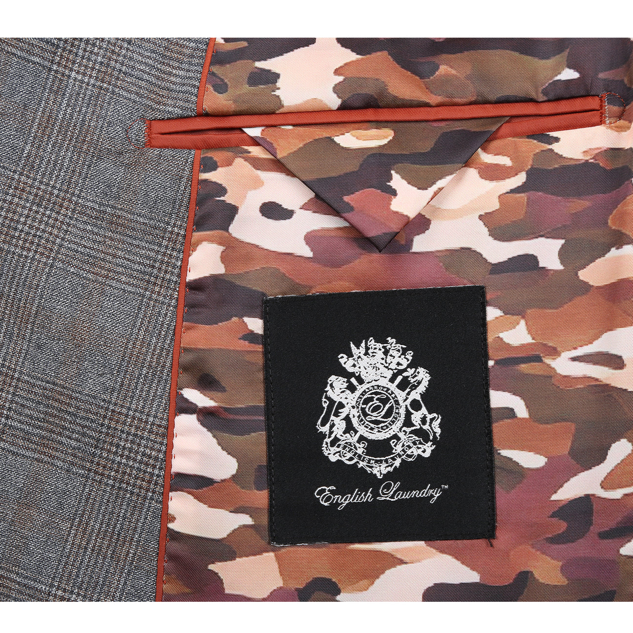 The ENGLISH LAUNDRY Double-breasted Gray Check Suit EL12-60-093 by English Laundry is showcased on a mannequin, styled with a white dress shirt and a red tie.