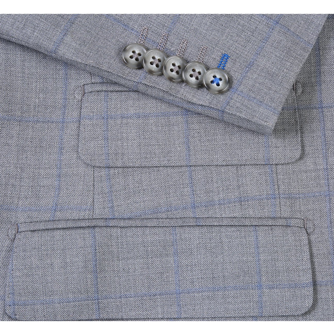 The ENGLISH LAUNDRY Wool Suit EL92-55-092 by English Laundry is a gray plaid wool slim-fit jacket with notch lapels, two buttons, and flap pockets, displayed over a white shirt and blue tie on a mannequin.