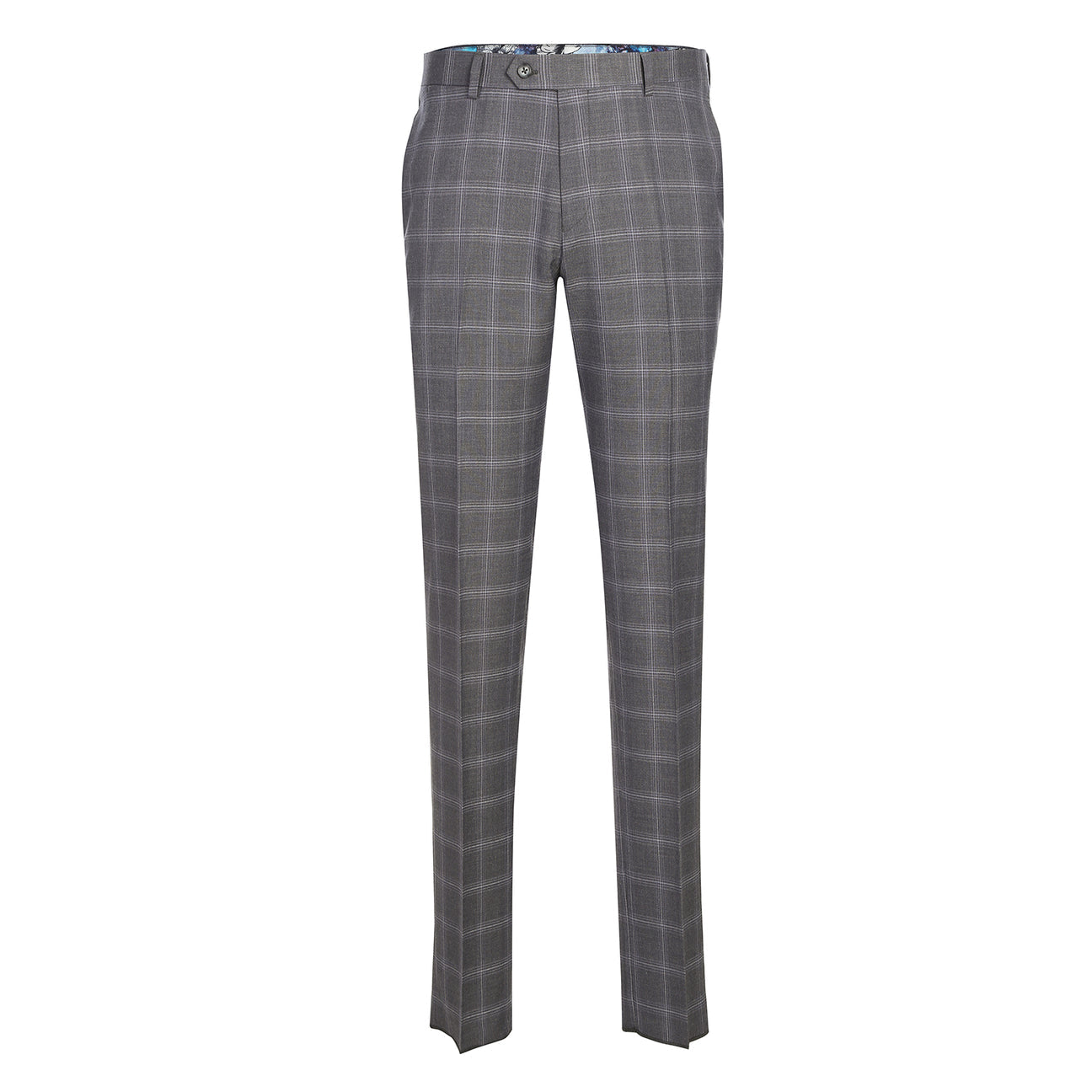 The ENGLISH LAUNDRY Grey Check Suit 12-55-095EL by English Laundry is a slim fit gray plaid blazer with notch lapels, two front flap pockets, and a colorful floral inner lining, shown on a white background.