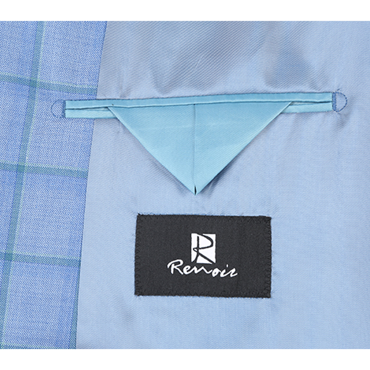 The Alessandro Vitello by Renoir Classic Fit Wool Blazer in Blue 565-1 is paired with a crisp white shirt, patterned blue tie, and folded pocket square, shown against a plain white background.