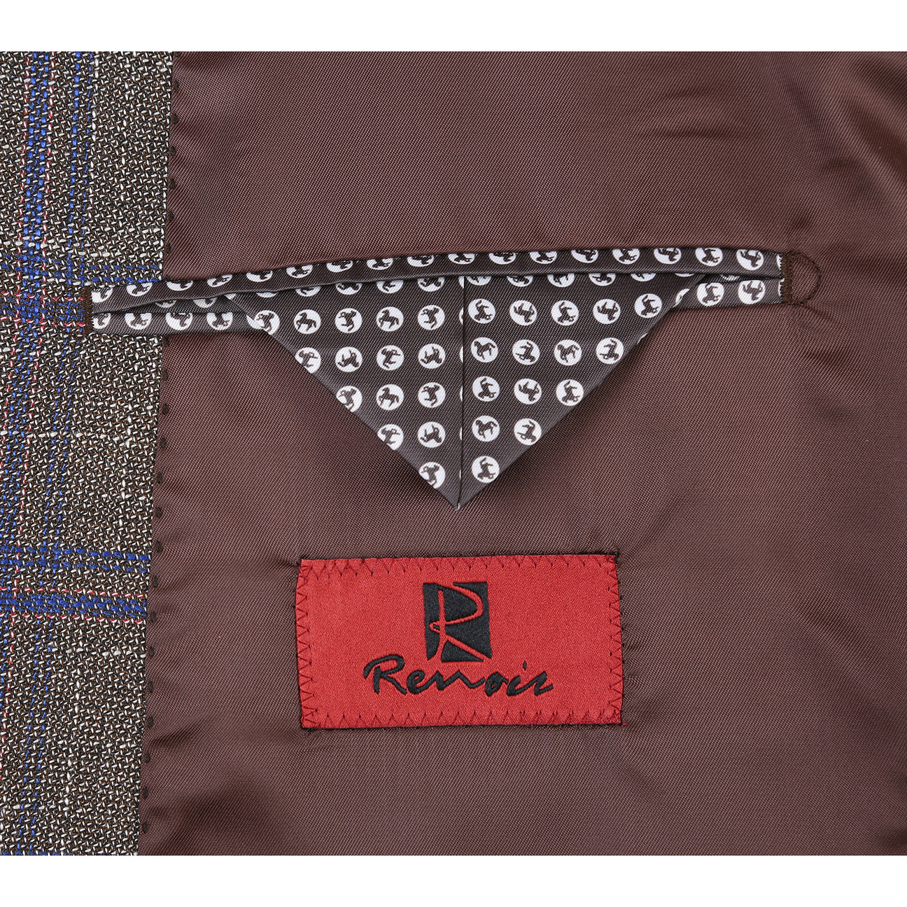 The Renoir Alessandro Vitello Slim Fit Sport Coat 294-29, a gray plaid jacket with purple stripes and a notch lapel, is stylishly displayed on a mannequin with a white dress shirt and orange patterned tie.