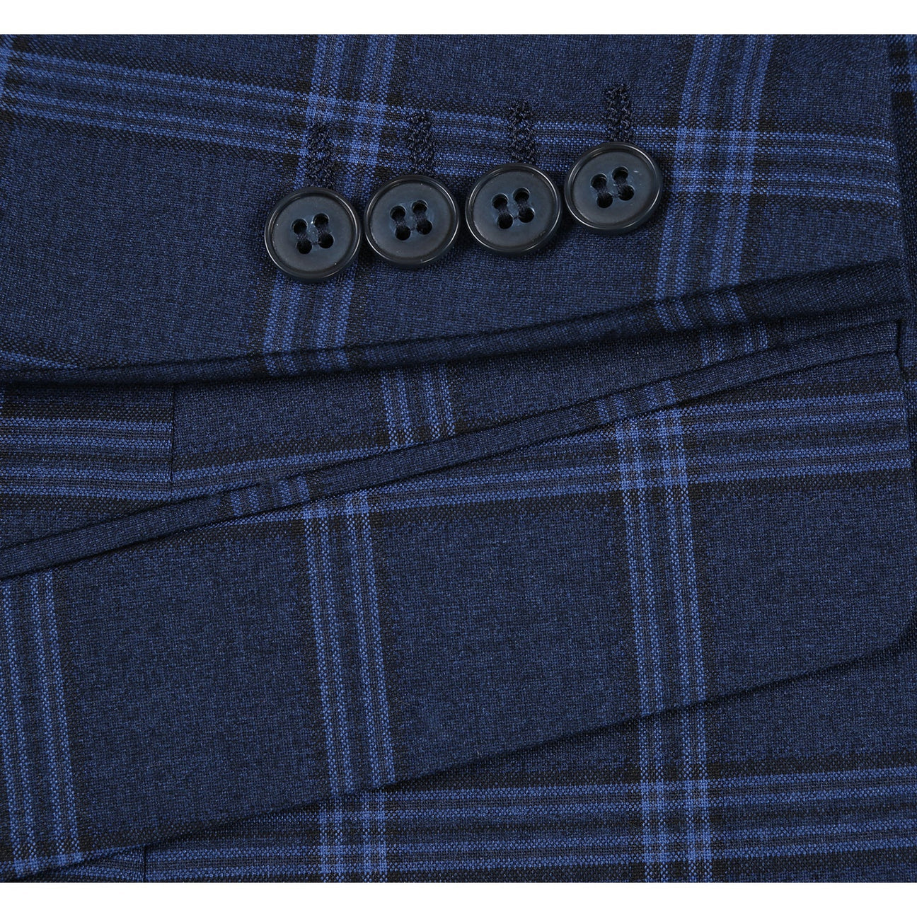 The Alessandro Vitello by Renoir Slim Fit Suit 293-22 features a navy plaid blazer on a mannequin with a white dress shirt, a burgundy polka dot tie, and flat front pants, complete with a notch lapel for sophistication.