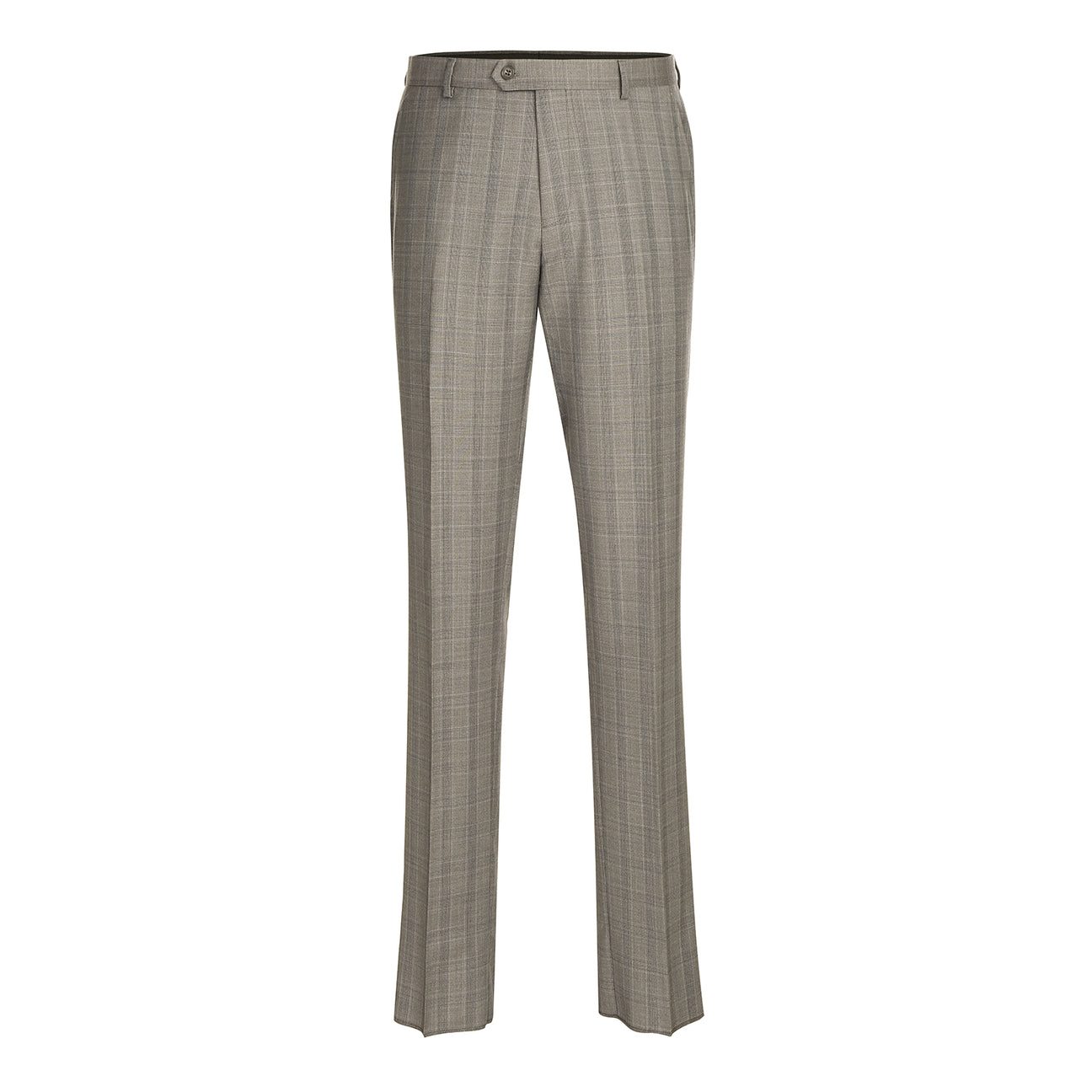 The Renoir Alessandro Vitello by Renoir Classic Fit Wool Suit 566-12, a gray plaid men's two-button jacket with notch lapels, is styled on a mannequin with a white dress shirt and red patterned tie.