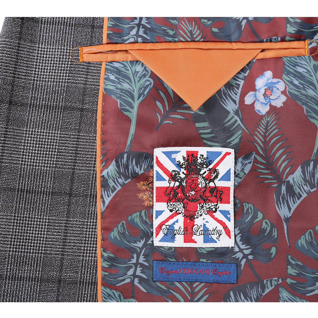 The ENGLISH LAUNDRY Gray Check Suit 22-60-002EL by English Laundry is displayed on a mannequin with a two-button closure, paired with a white dress shirt and a subtly patterned blue tie.