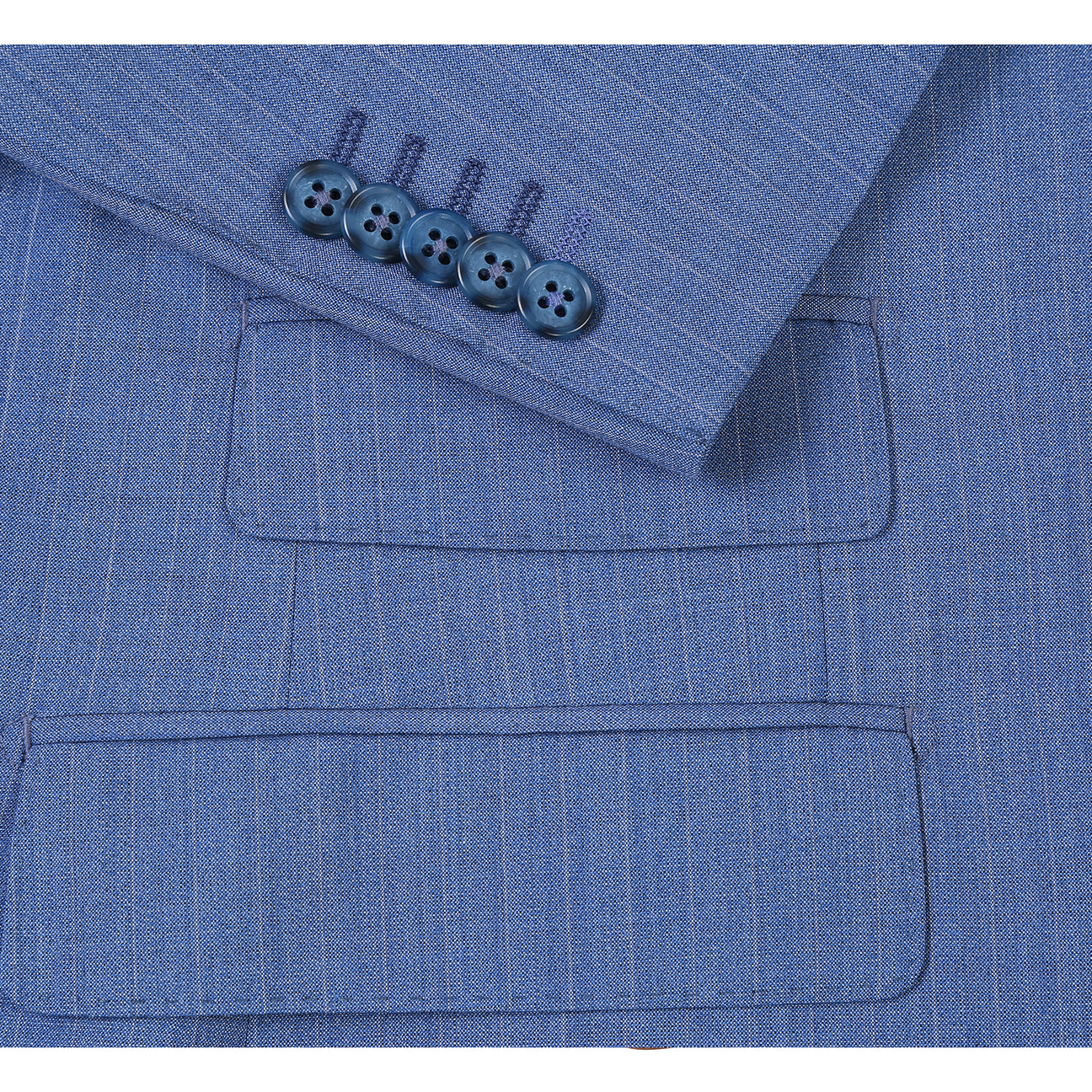 The ENGLISH LAUNDRY Light Blue Wool Suit EL92-33-412 by English Laundry features a slim fit, peak lapels, and pinstripes; displayed on a mannequin with a white dress shirt and blue patterned tie.