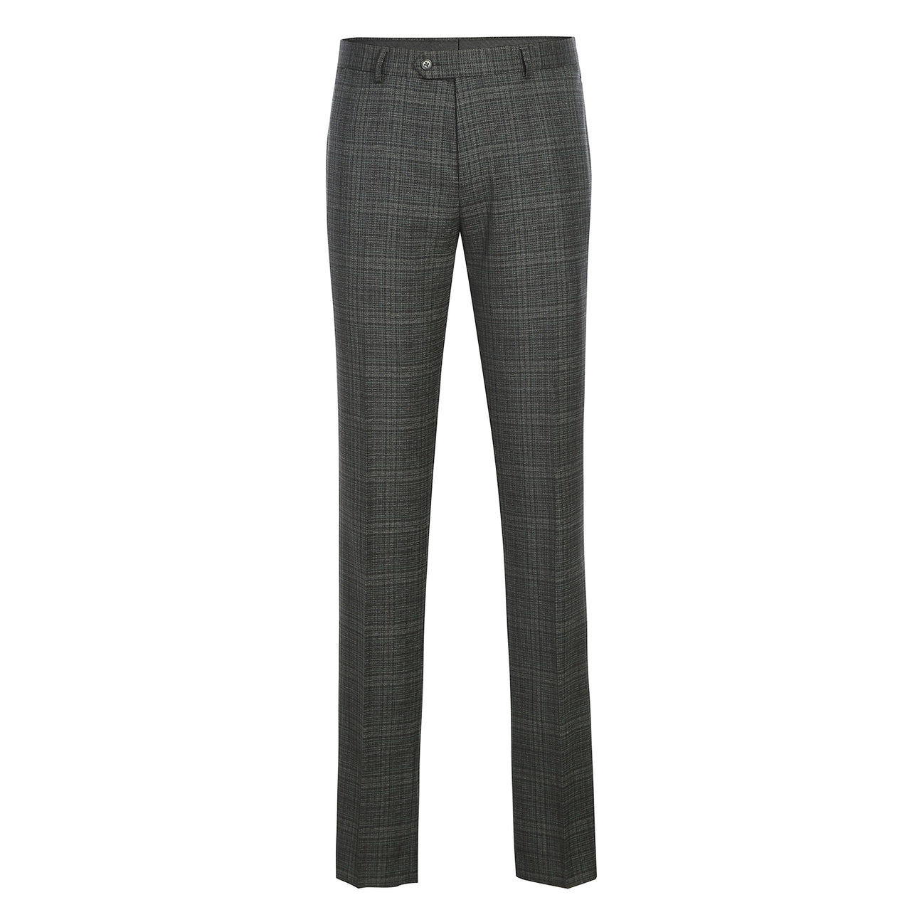 The ENGLISH LAUNDRY 2pc Suit Green 32-24-001EL by English Laundry is a dark plaid men's blazer featuring notch lapels, two-button closure, flap pockets, and a green tropical leaf print lining.