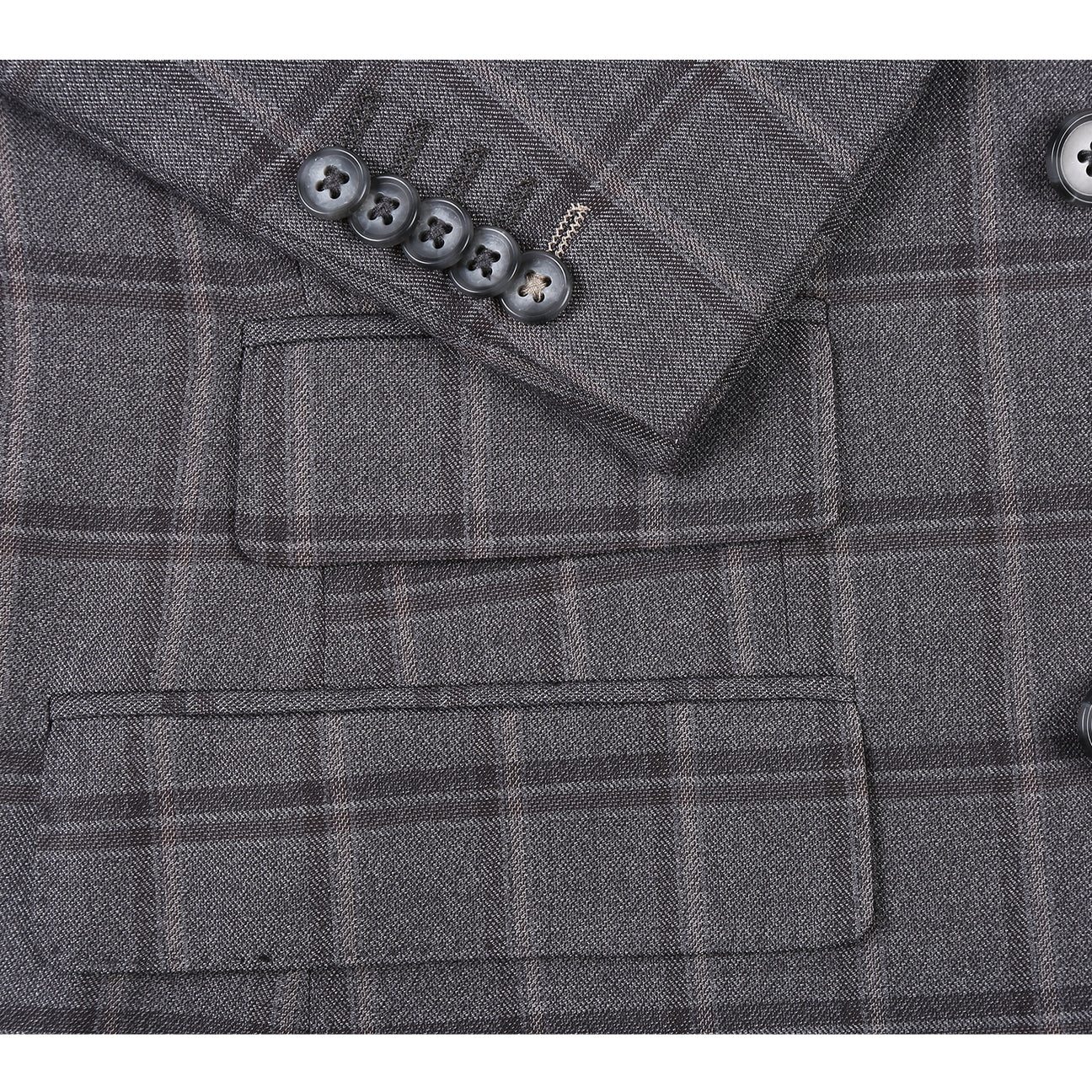 The English Laundry Double-breasted Gray Check Suit 22-50-092EL features peak lapels, matching buttons, and flap pockets, styled with a white dress shirt and red patterned tie for timeless men's formalwear.