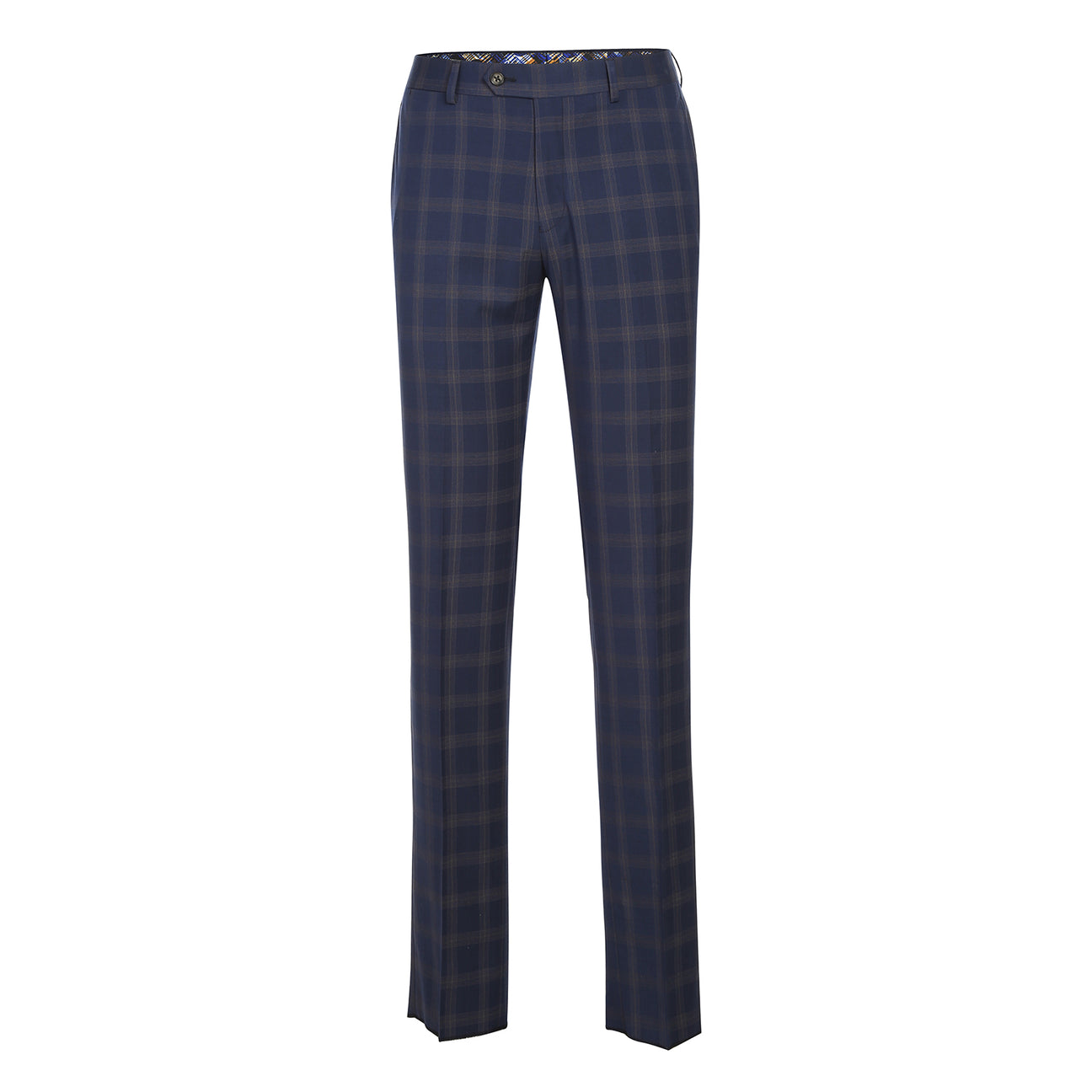 The ENGLISH LAUNDRY TR Suit 12-58-410EL by English Laundry is a navy blue plaid blazer with notch lapels, two buttons, flap pockets, and a colorful patterned inner lining shown in a front-facing view.