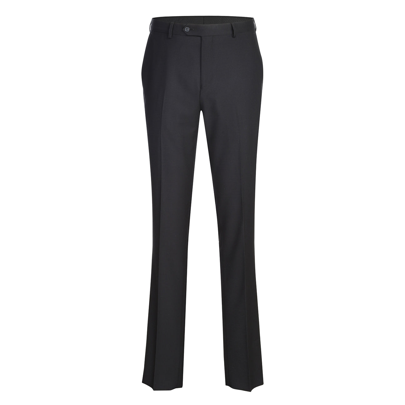 The Alessandro Vitello by Renoir New Slim Fit Black Suit 293-57 by Renoir is displayed on a mannequin with a black single-breasted jacket, white dress shirt, patterned tie, and pocket square.