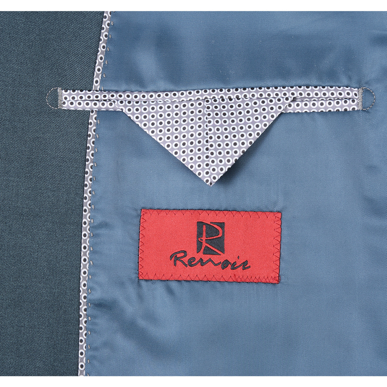 The Renoir Alessandro Vitello 2-Piece New Slim Fit Forest Green Suit (201-13) is shown over a white dress shirt with a blue striped tie, displayed on a mannequin against a white background.