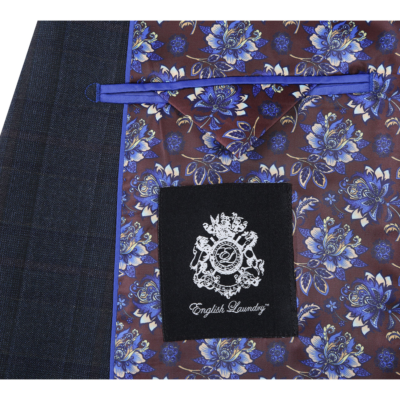 The ENGLISH LAUNDRY Dark Navy Check Suit EL12-56-475 by English Laundry is displayed on a mannequin with notched lapels, a white shirt, and striped tie—a sharp, modern two-button suit perfect for any occasion.