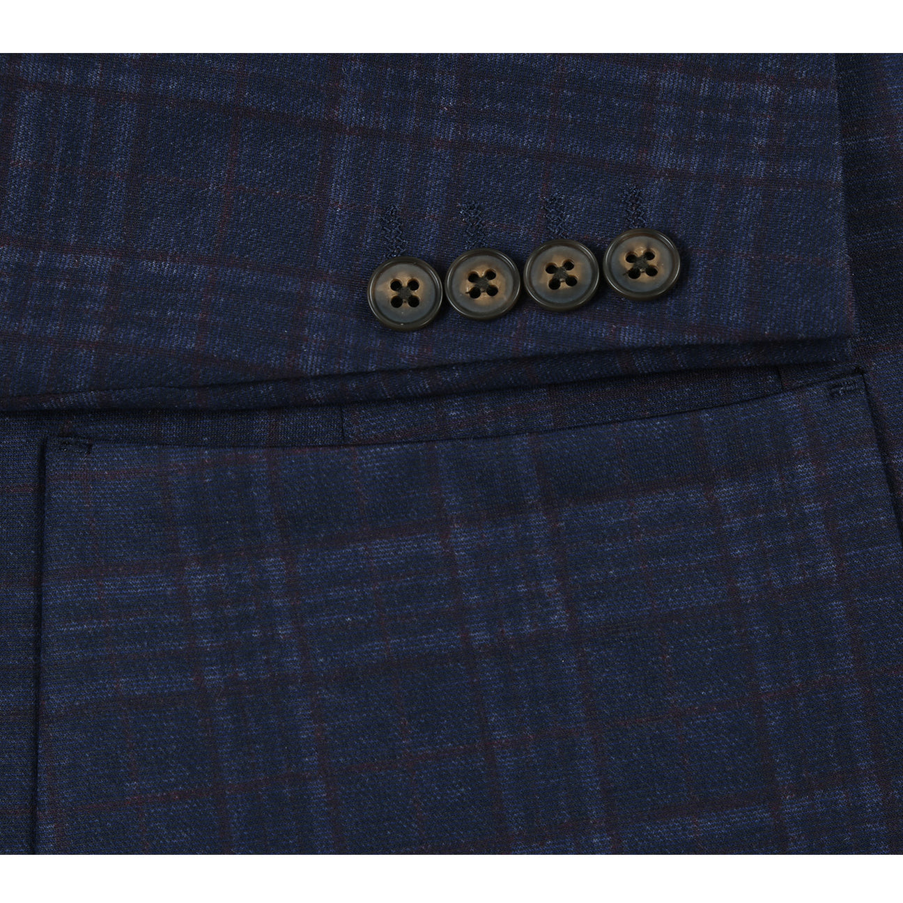 A mannequin dressed in a Pellagio Men's Half Canvas Navy Blazer PF23-14, styled with a white shirt, polka-dot tie, and a patterned pocket square.