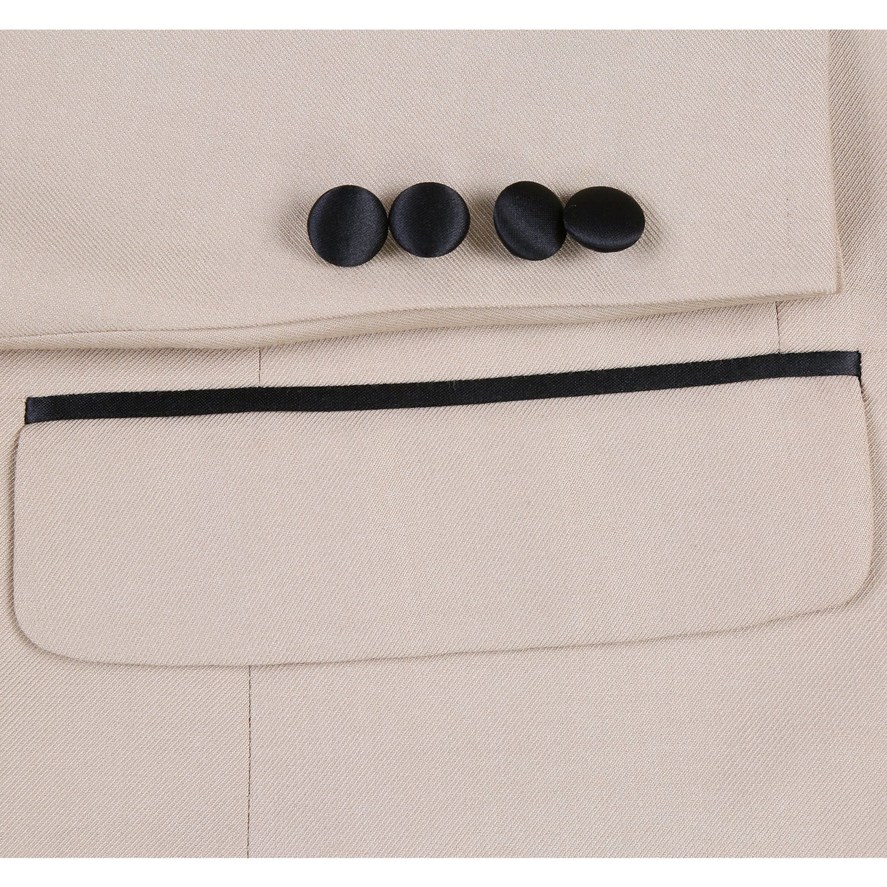 The Alessandro Vitello by Renoir Slim Fit 2-Piece Shawl Lapel Beige Tuxedo Suit 201-3 features a slim fit, black shawl lapel, single-breasted jacket with front pockets, and matching trousers displayed on a white background.