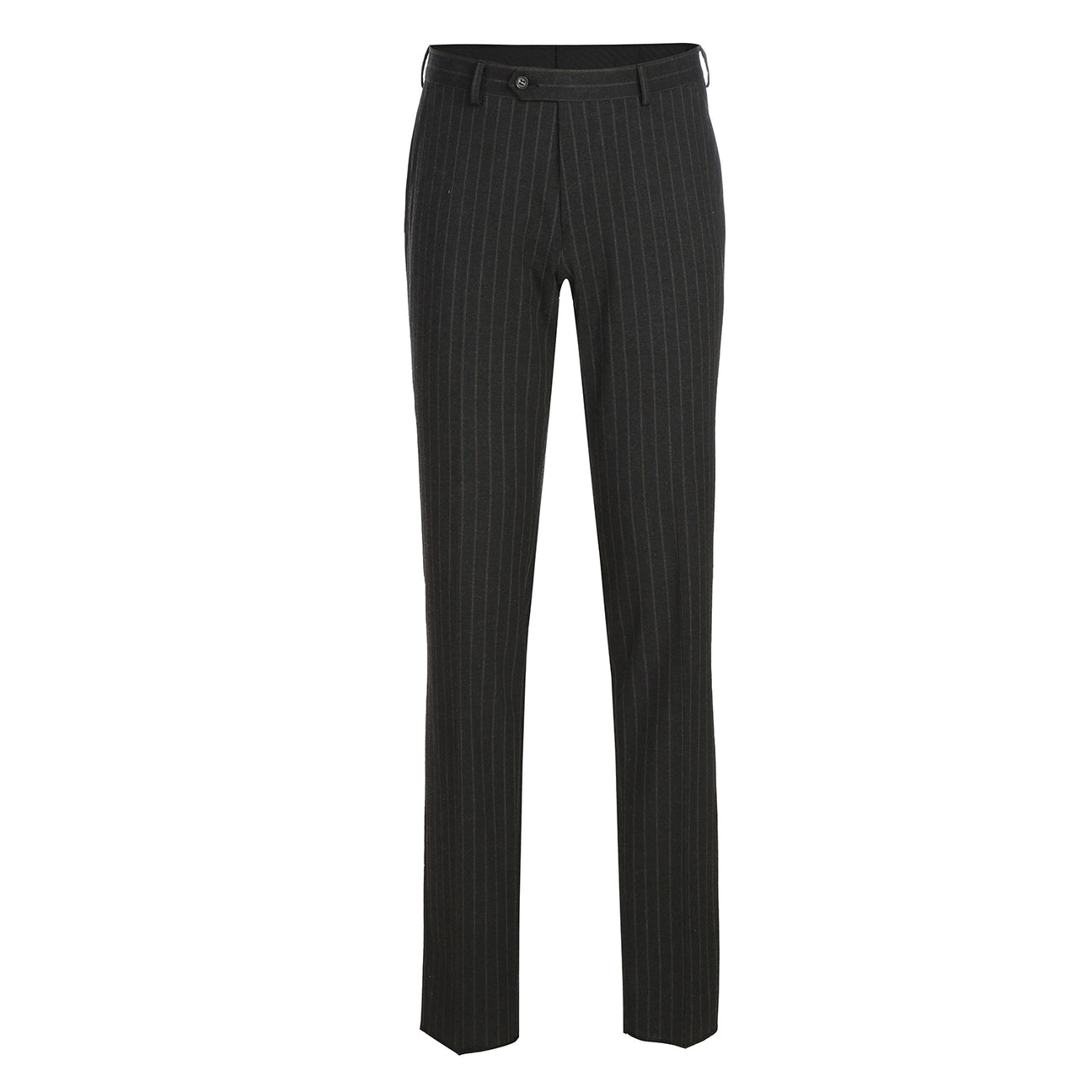 The Alessandro Vitello by Renoir New Slim Fit Suit 293-55 showcases a dark pinstripe, single-breasted jacket with notch lapels and side vents, paired with matching flat front pinstripe trousers.