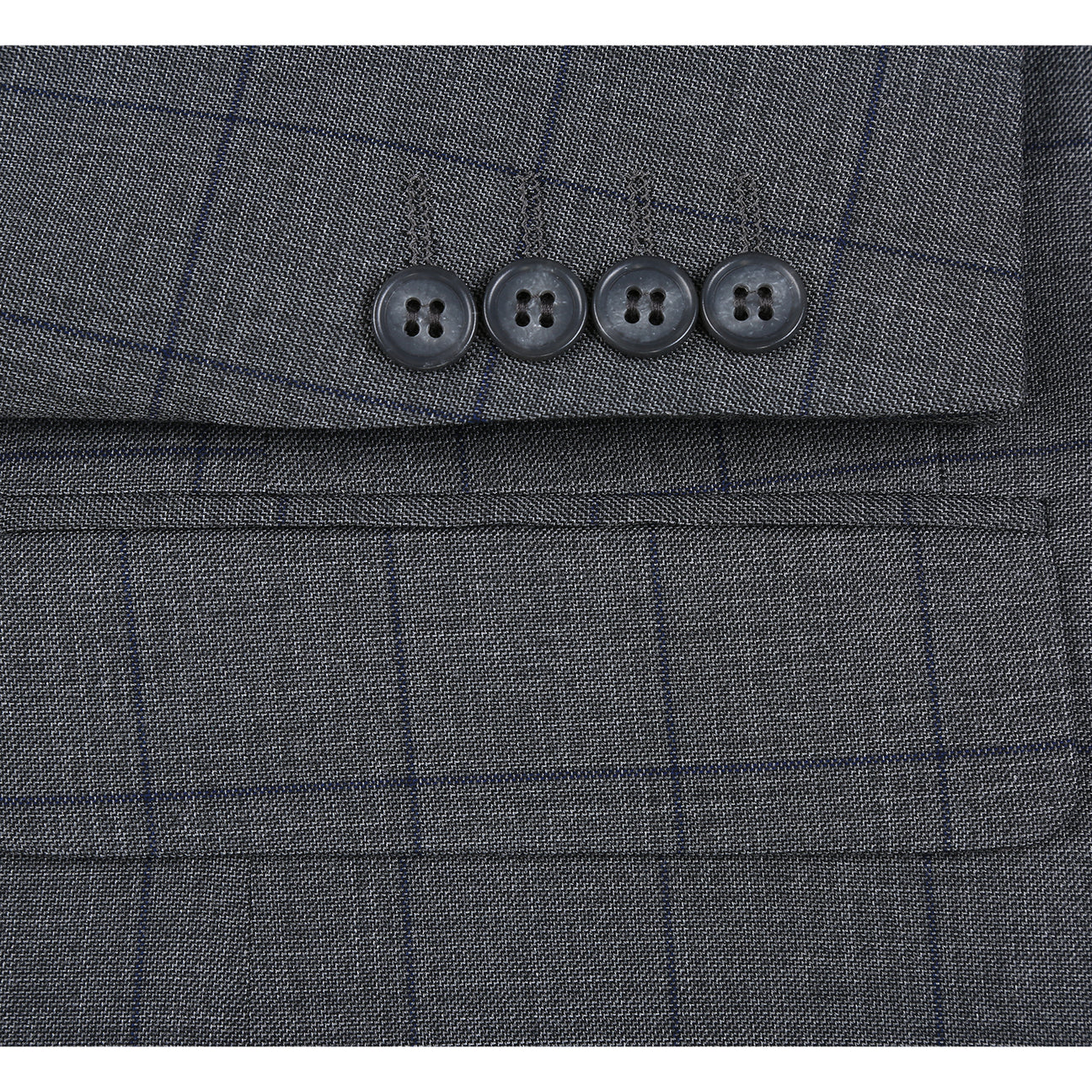 The Alessandro Vitello by Renoir Double-Breasted New Slim Fit Gray Suit 293-44 features a gray plaid design, styled here on a mannequin with a white shirt, maroon polka dot tie, and patterned pocket square for sharp modern elegance.
