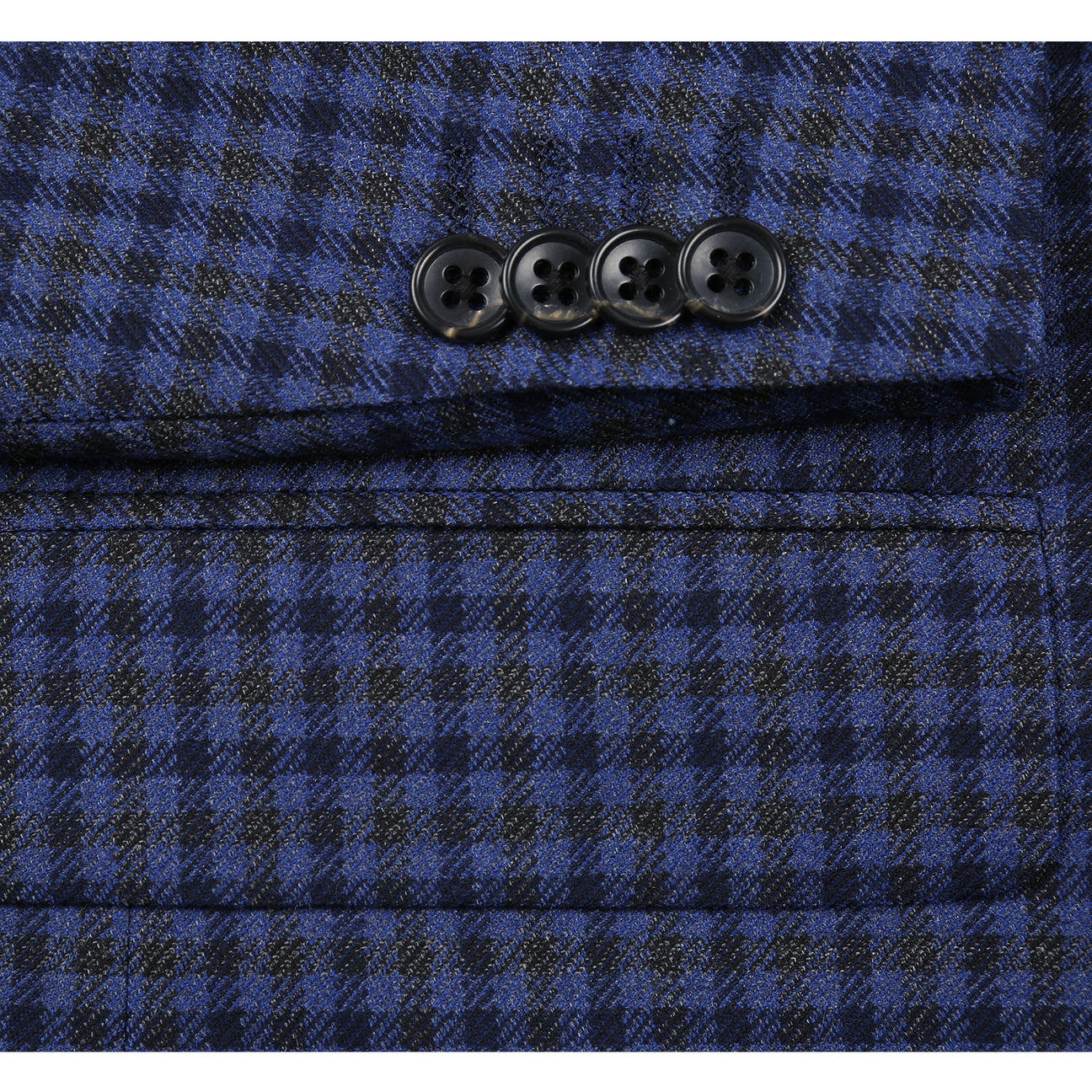 The Renoir Alessandro Vitello Classic Fit Wool Blue Blazer 565-9 is shown on a mannequin with a white dress shirt and blue patterned tie, featuring a notch lapel and a blue and black checkered pattern.