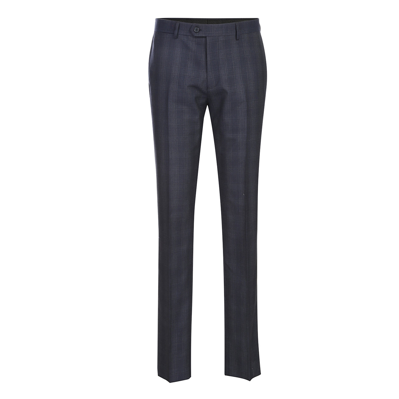 A man wears the English Laundry ENGLISH LAUNDRY 2pc Wool Suit Navy EL22-60-410; close-ups highlight its navy plaid fabric (90% wool, 10% polyester), inner lining, buttons, and embroidered label.