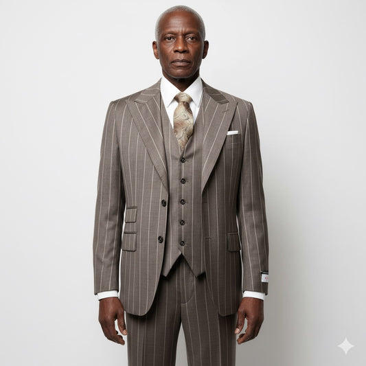A mannequin displays an elegant Tiglio Rosso Pecorello taupe pinstripe wool suit (TL5063, size 40R only) paired with a patterned tie, all set against a plain backdrop.