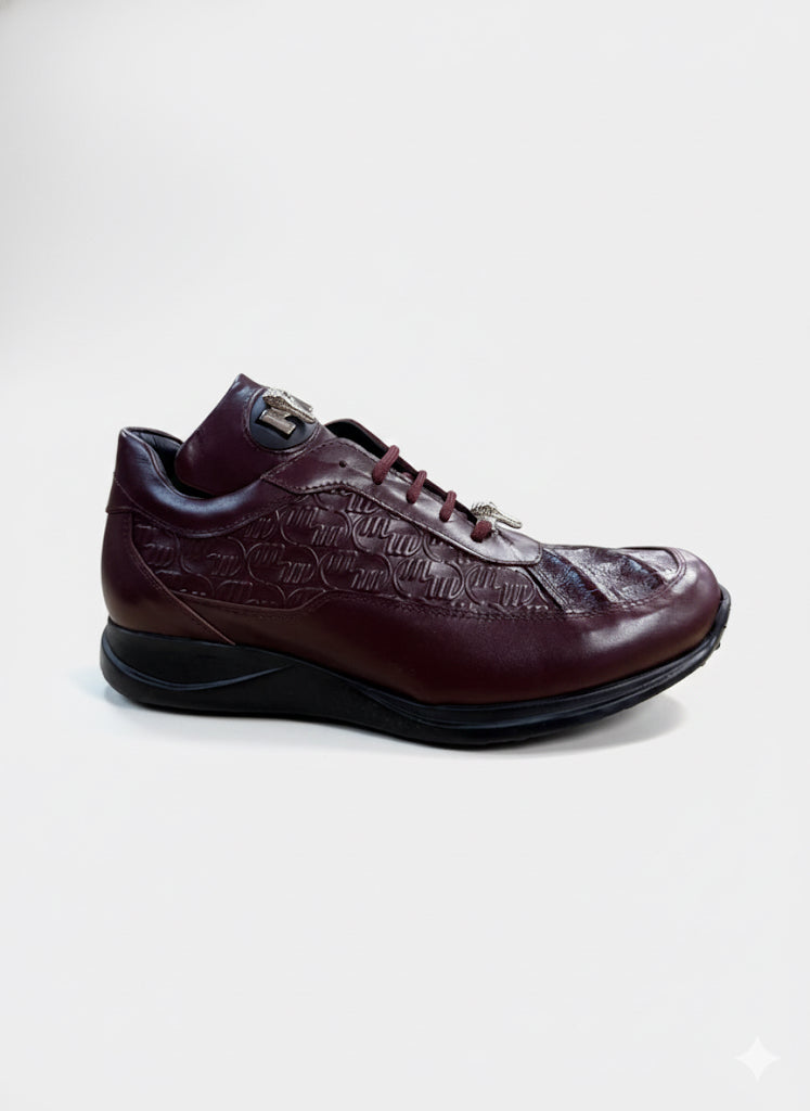 The Mauri 8900/2 Baby Croc / Calf Ruby Red Shoe, a custom Italian sneaker with embossed maroon leather, black sole, and lace-up closure from the brand Mauri, is displayed against a plain white background.