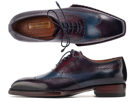 Paul Parkman Goodyear Welted Men's Wingtip Oxfords in Bordeaux & Blue feature brogue details and brown stacked heels. Handmade men's shoes, shown with one from above and one from the side. Brand: Paul Parkman. Model: 81BRL94.