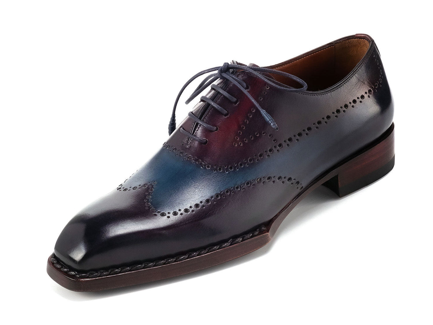 Paul Parkman Goodyear Welted Men's Wingtip Oxfords in Bordeaux & Blue feature brogue details and brown stacked heels. Handmade men's shoes, shown with one from above and one from the side. Brand: Paul Parkman. Model: 81BRL94.