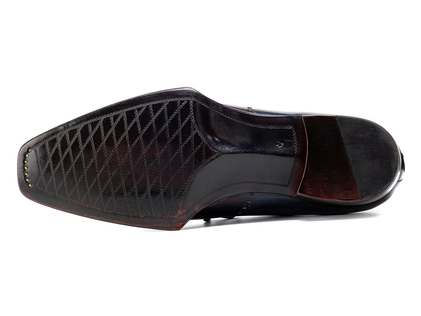 Paul Parkman Goodyear Welted Men's Wingtip Oxfords in Bordeaux & Blue feature brogue details and brown stacked heels. Handmade men's shoes, shown with one from above and one from the side. Brand: Paul Parkman. Model: 81BRL94.