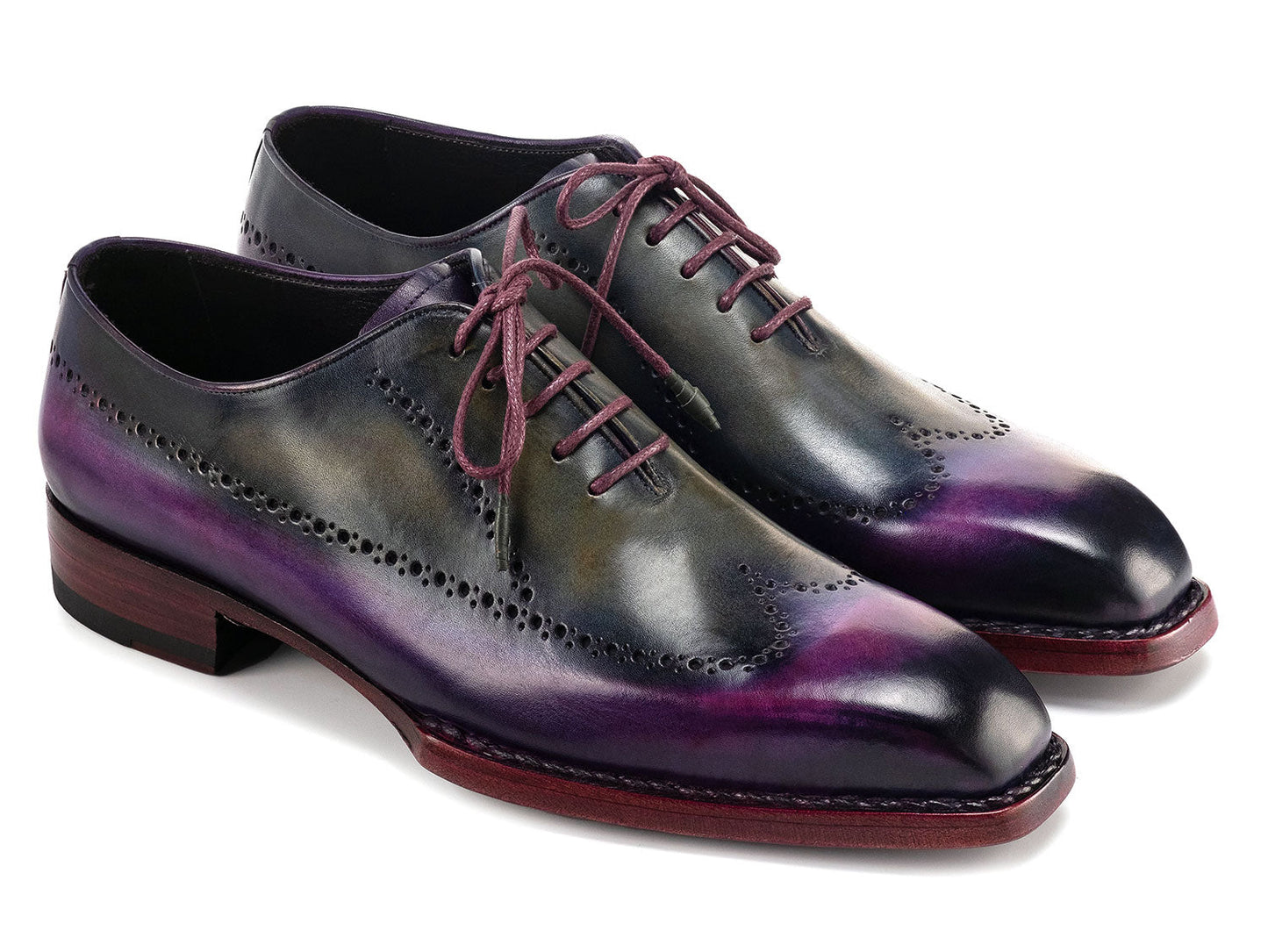 Paul Parkman Goodyear Welted Men's Wingtip Oxfords in purple and grey, featuring brogue detailing and purple laces, are displayed on a white background. Model: 81PRY73.