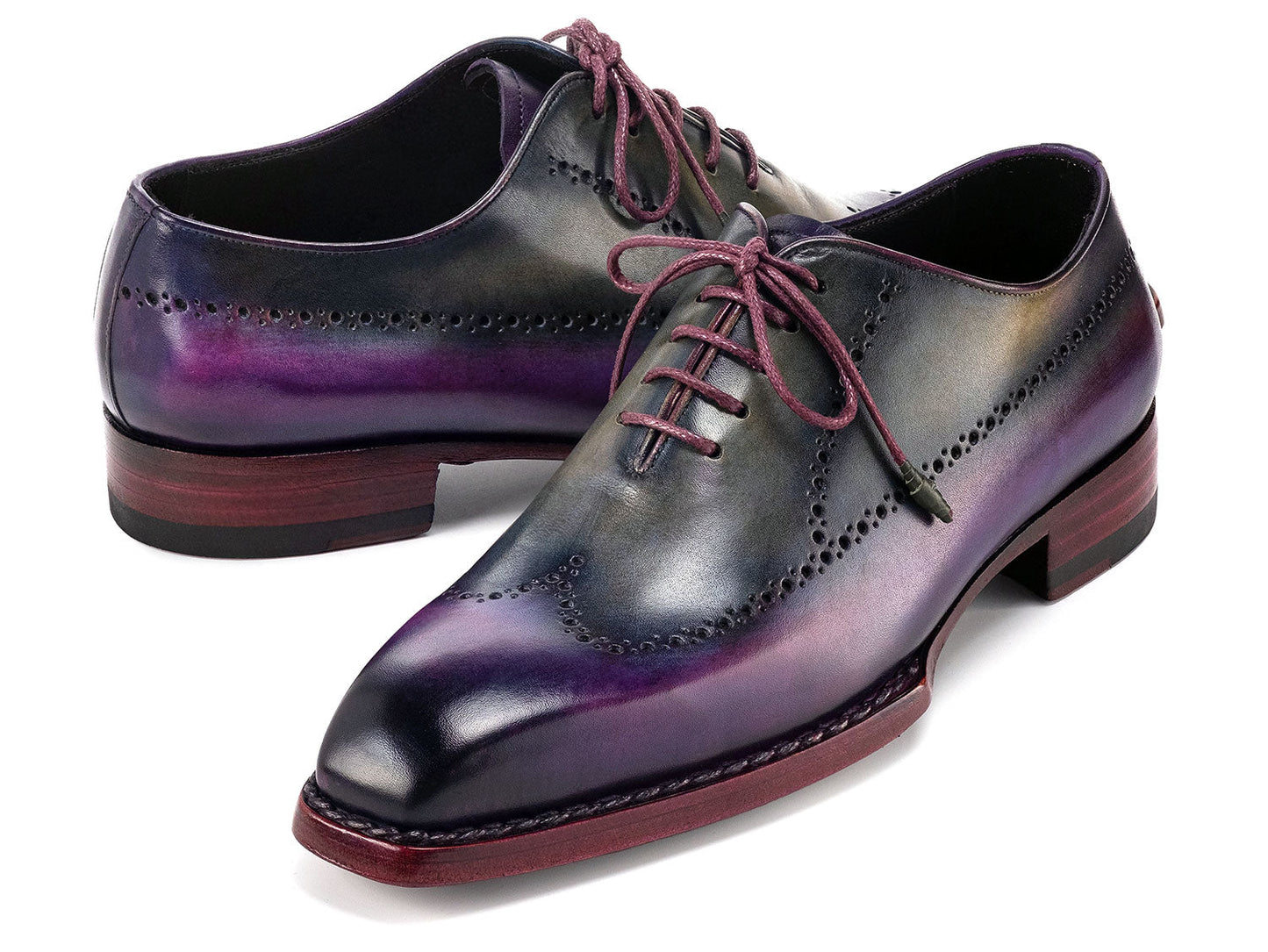 Paul Parkman Goodyear Welted Men's Wingtip Oxfords in purple and grey, featuring brogue detailing and purple laces, are displayed on a white background. Model: 81PRY73.