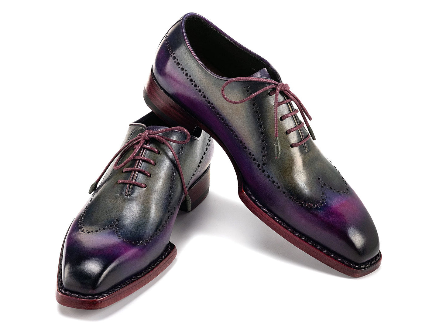 Paul Parkman Goodyear Welted Men's Wingtip Oxfords in purple and grey, featuring brogue detailing and purple laces, are displayed on a white background. Model: 81PRY73.
