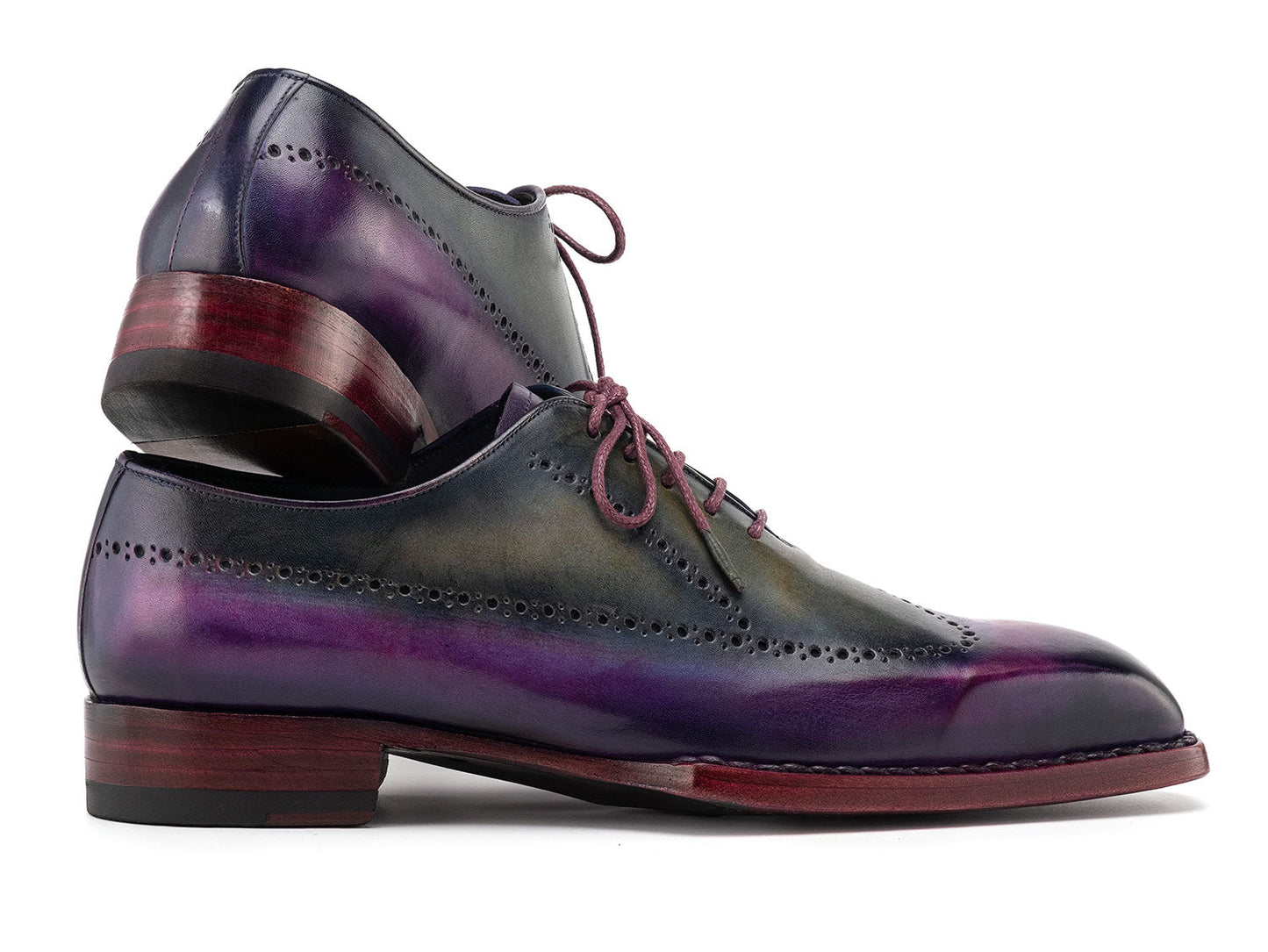 Paul Parkman Goodyear Welted Men's Wingtip Oxfords in purple and grey, featuring brogue detailing and purple laces, are displayed on a white background. Model: 81PRY73.