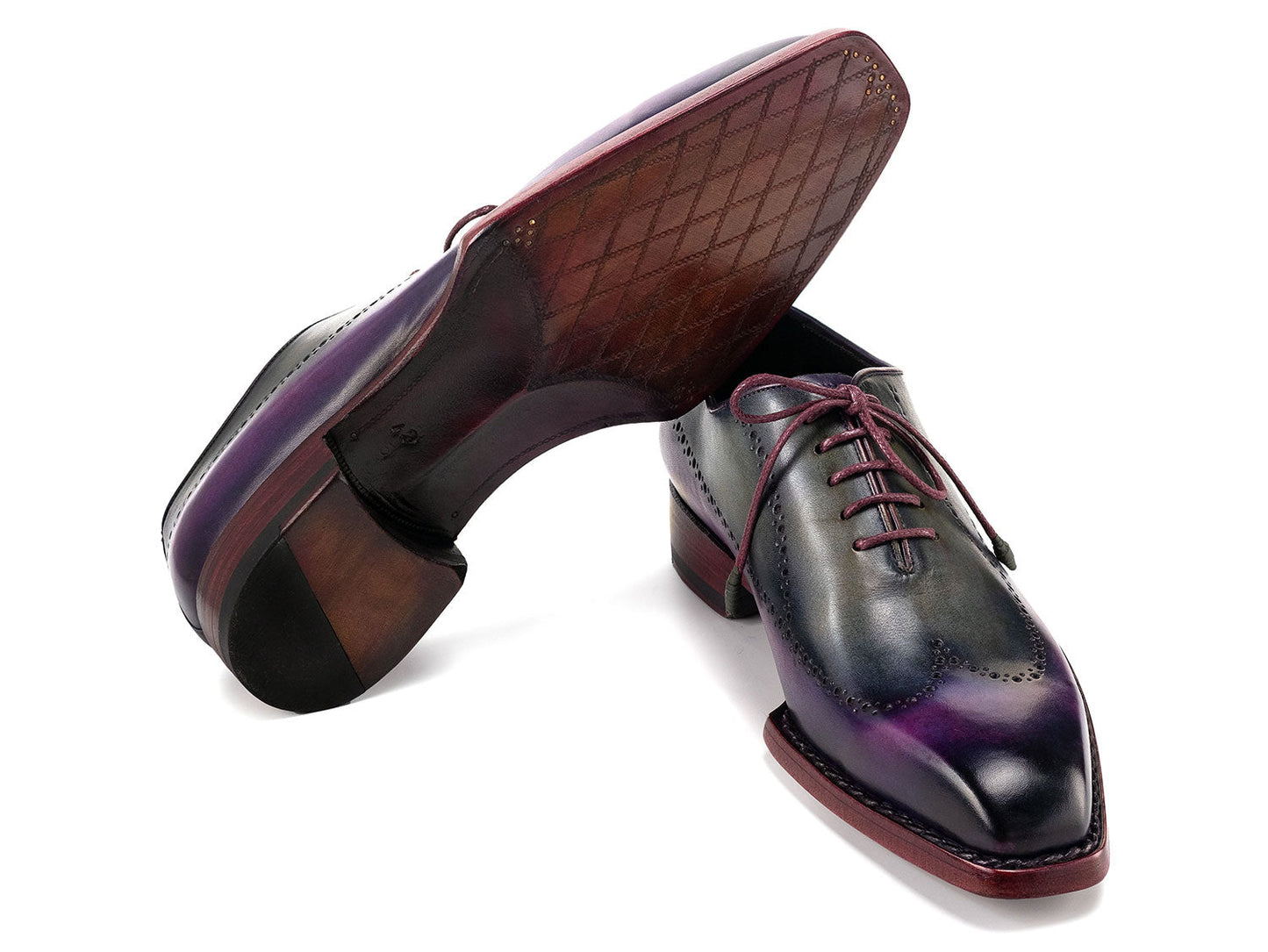 Paul Parkman Goodyear Welted Men's Wingtip Oxfords in purple and grey, featuring brogue detailing and purple laces, are displayed on a white background. Model: 81PRY73.
